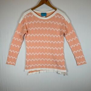 Islefield Women's Orange White Chevron Knit Cotton Sweater Small Preppy